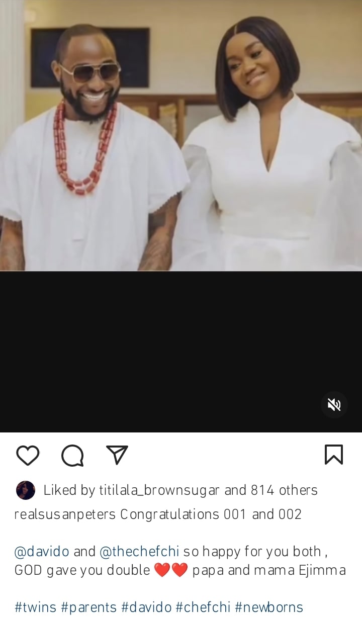 Susan Peters react as Davido and Chioma welcome twins