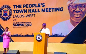 Governor of Lagos State, Mr. Babajide Sanwo-Olu addressing the Town hall meeting at the Lagos West Senatorial District, held at Balmoral Convention Centre, Sheraton Hotel, Ikeja, on Thursday, 25 January 2024.